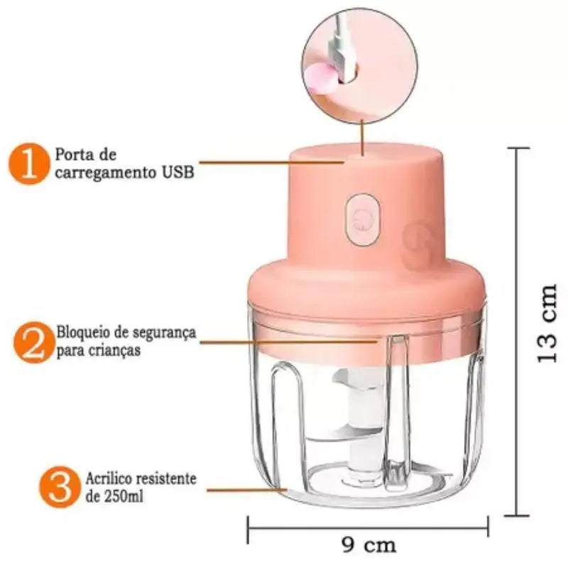 Mini Processador de Alimentos Elétrico 250ml Recarregável Sem Fio